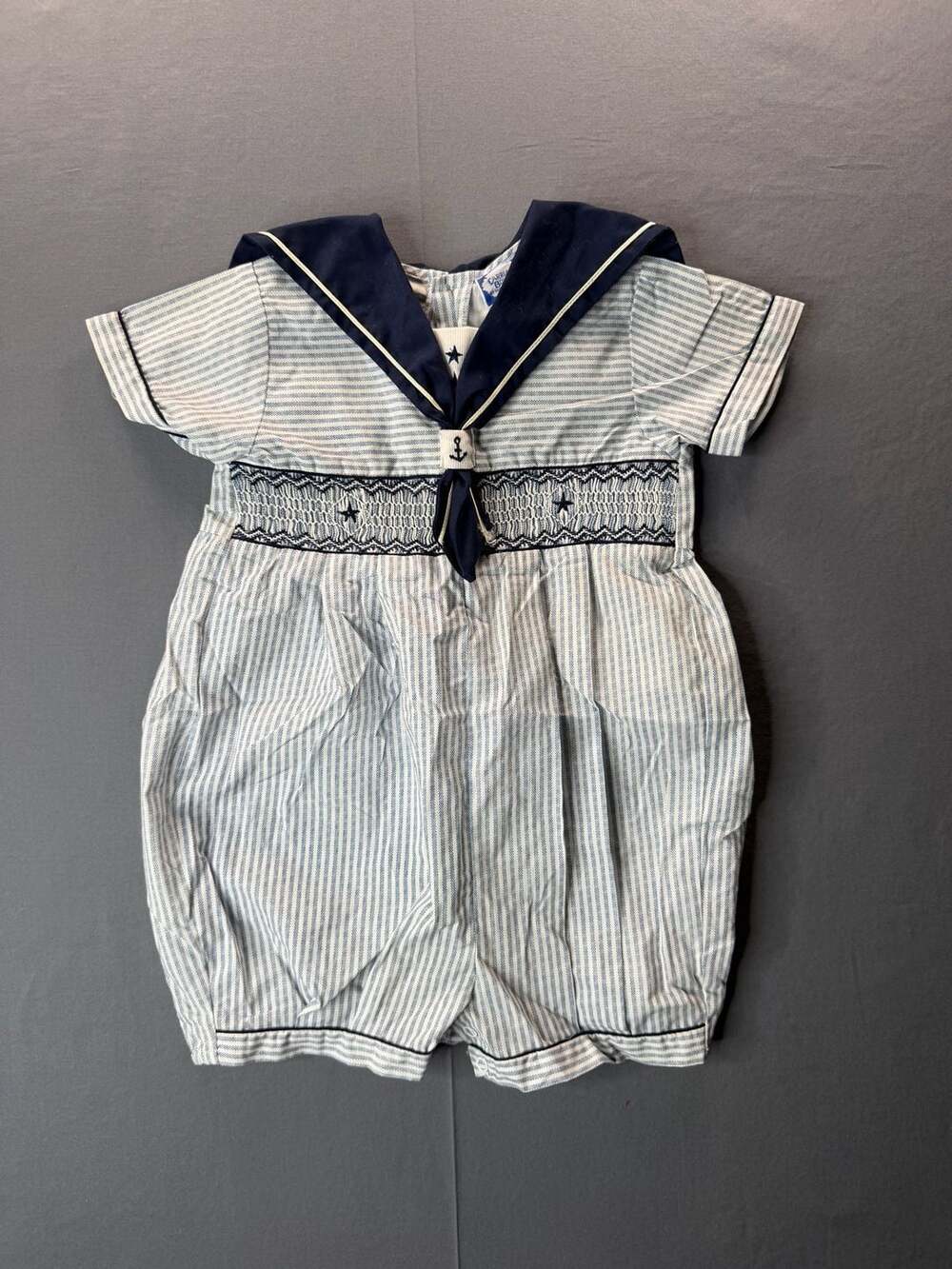 Vintage 90s Carriage Boutiques Sailor Romper Size 3T Blue White Striped Nautical